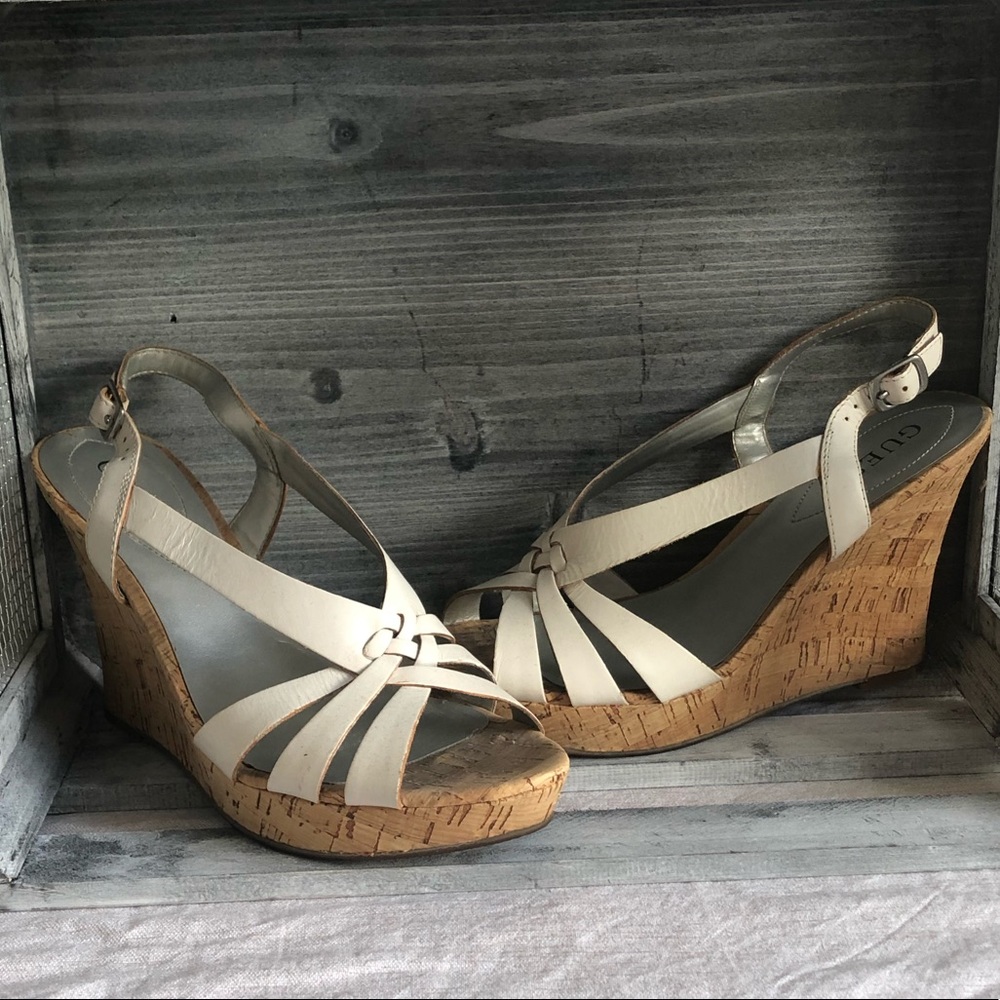 White Cork and Leather Wedge Sandals 8.5
